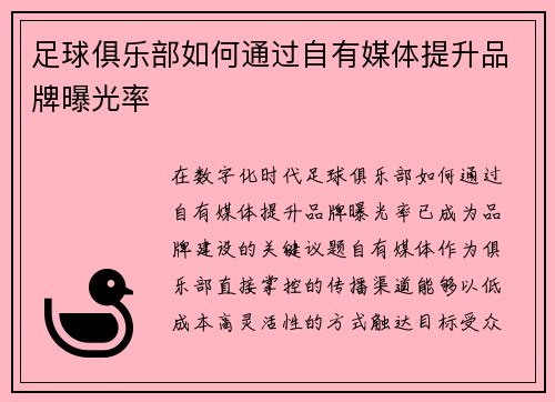足球俱乐部如何通过自有媒体提升品牌曝光率