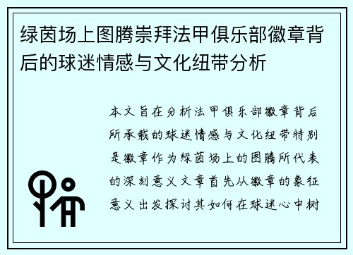 绿茵场上图腾崇拜法甲俱乐部徽章背后的球迷情感与文化纽带分析