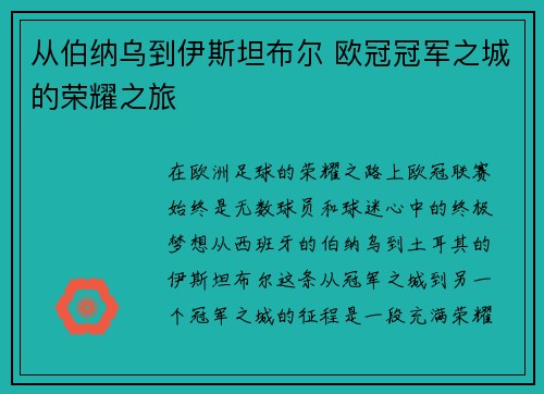 从伯纳乌到伊斯坦布尔 欧冠冠军之城的荣耀之旅