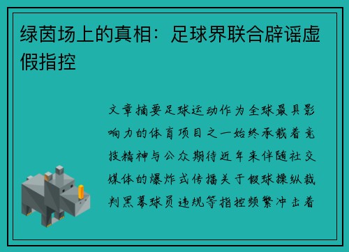 绿茵场上的真相：足球界联合辟谣虚假指控