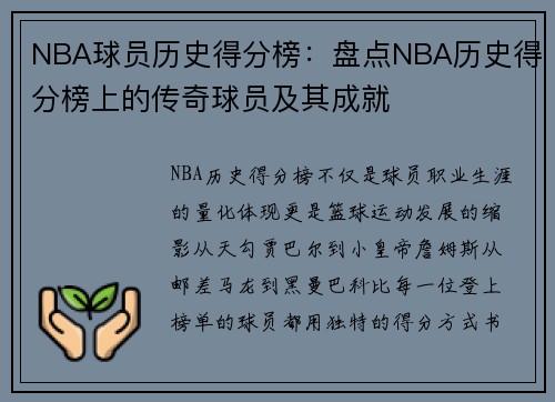 NBA球员历史得分榜：盘点NBA历史得分榜上的传奇球员及其成就