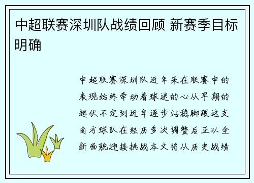 中超联赛深圳队战绩回顾 新赛季目标明确