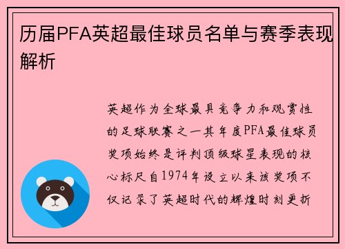 历届PFA英超最佳球员名单与赛季表现解析