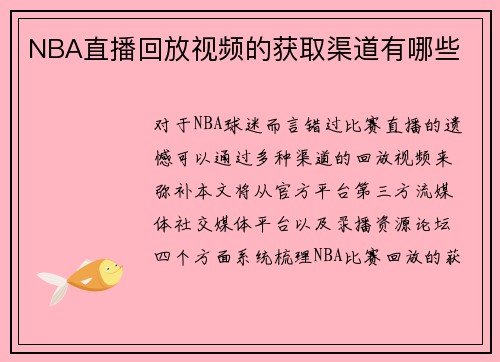 NBA直播回放视频的获取渠道有哪些
